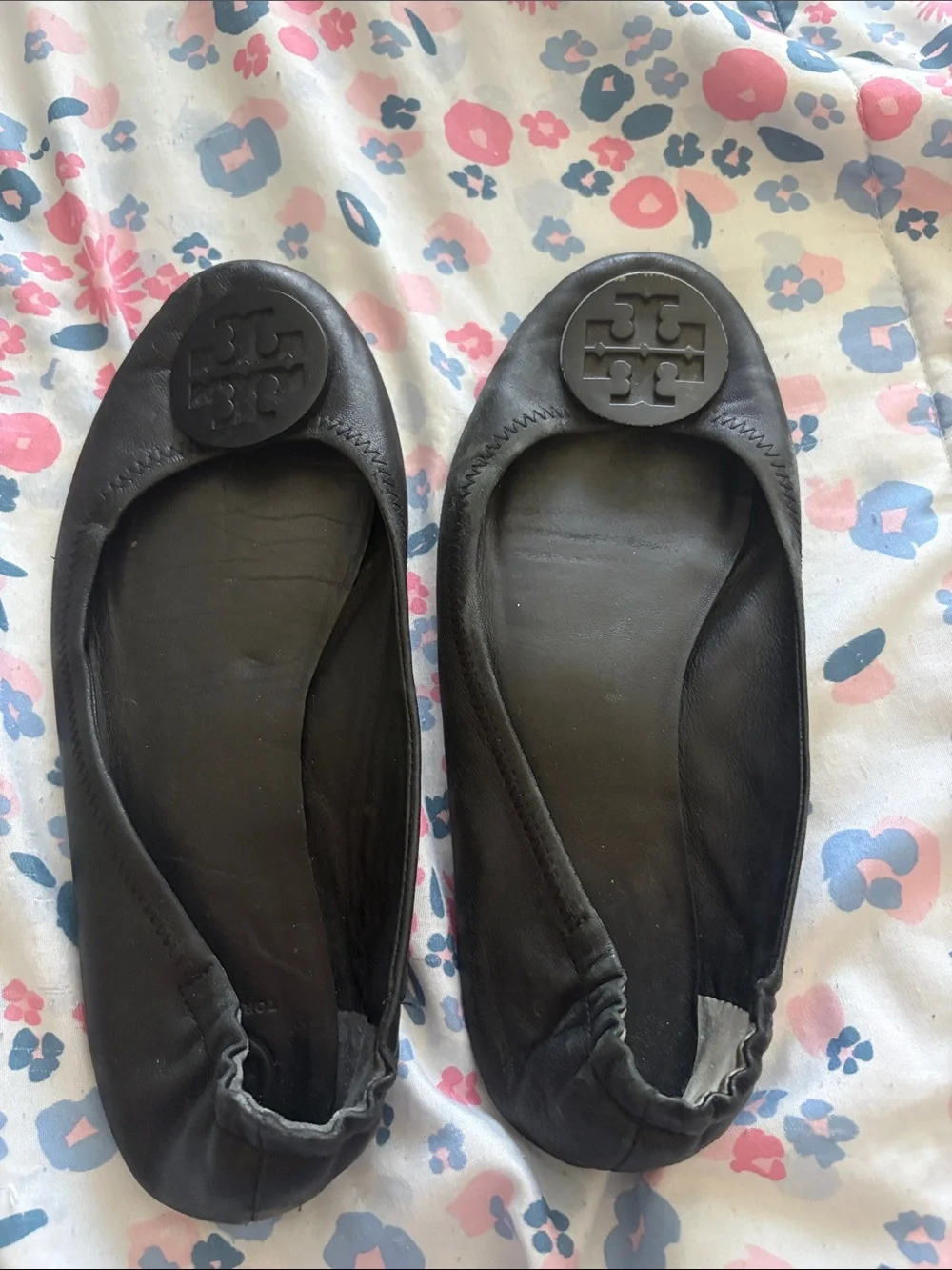 Tory Burch Black Leather Logo Ballet Flats